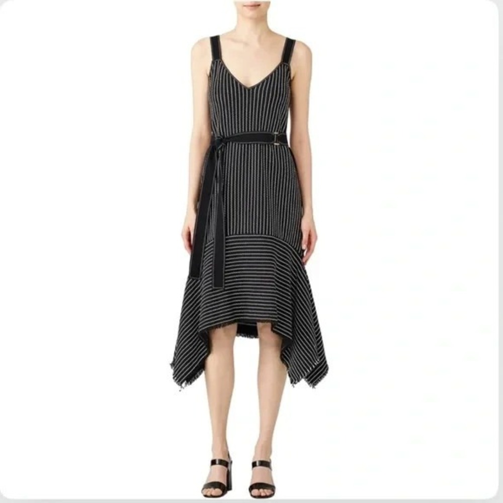 Derek Lam 10 Crosby Black‎ Striped Cami Handkerchief Hem Fringe Belted Dress 6